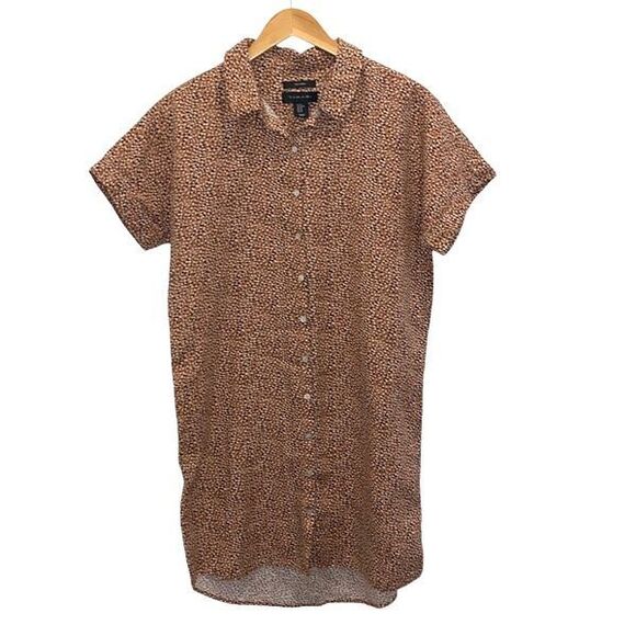 Tahari 100% Linen Shirt Dress Brown White Animal Print Breathable Women’s Medium - Picture 1 of 8
